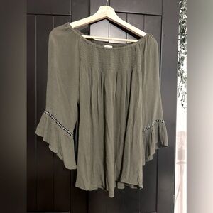 Westport olive green ruched crochet detail bell sleeve top hippy boho festival